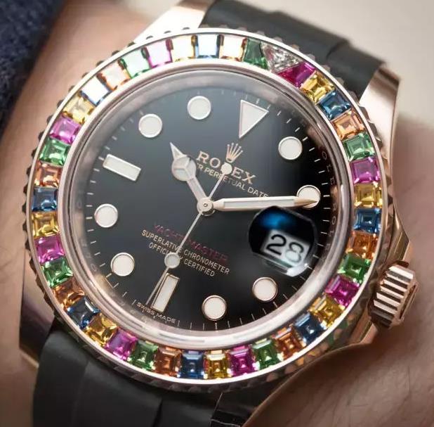 The colored gemstones paved on the bezel make this timepiece more eye-catching.