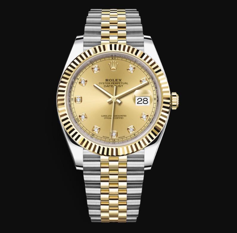 The champagne dial fake watch has 10 diamonds.