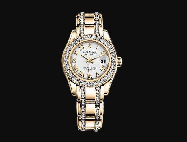 The 18ct gold fake watch is decorated with diamonds.