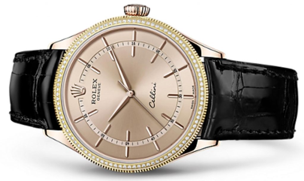The rose gold fake watch is decorated with diamonds.