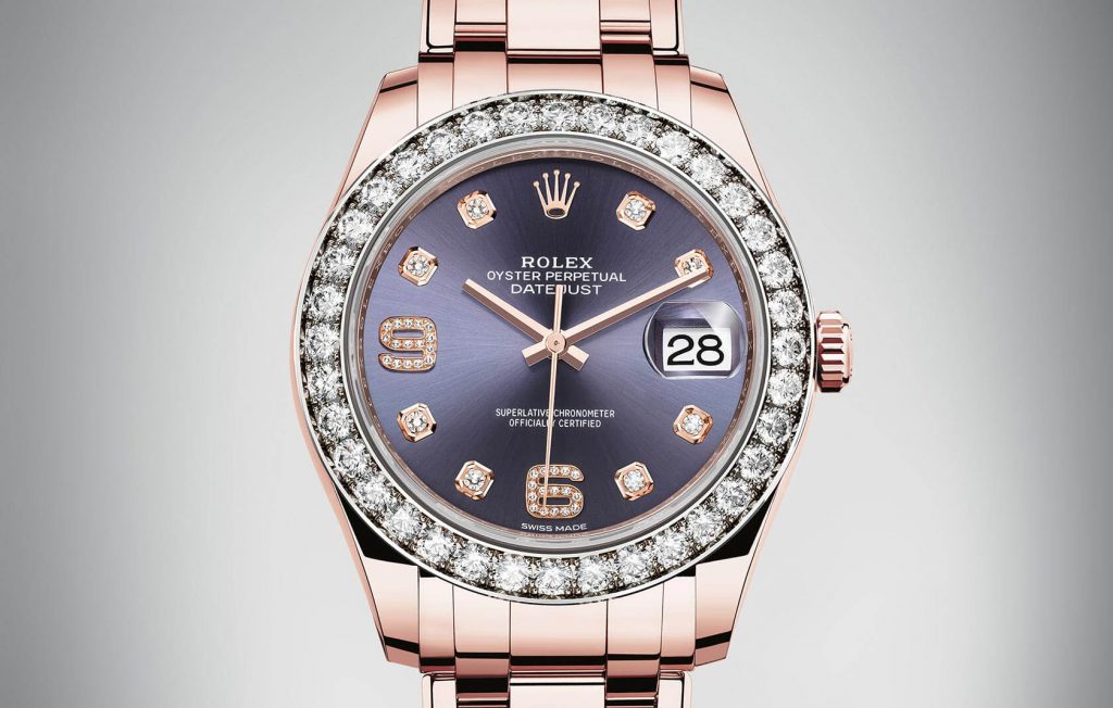 The 18ct everose gold fake watch has a purple dial.